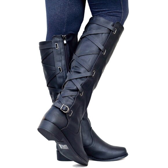 New Women Black Strappy Buckle Knee High Riding Boots - Picture 2 of 4